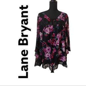 Lane Bryant Black Floral Long Sleeve Top-Sz-24💐